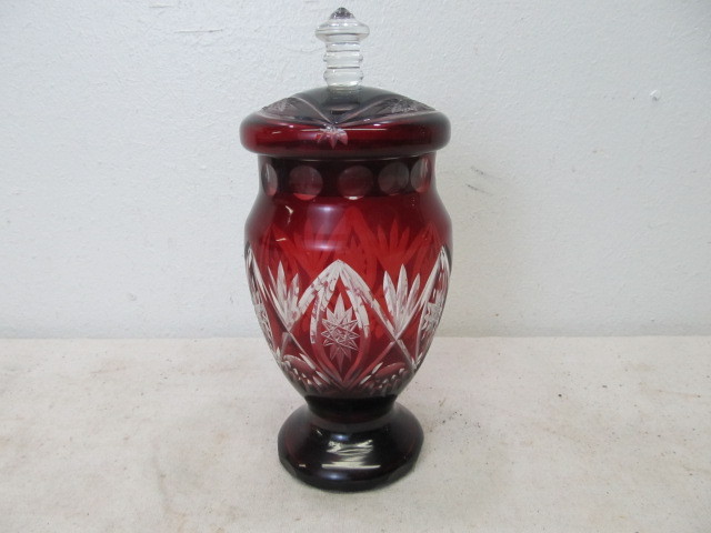 lot 31 image: Antique Etched Ruby Glass Covered Candy Jar