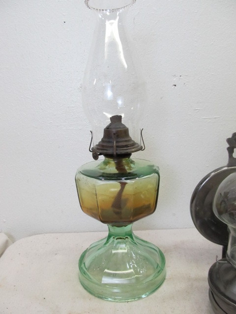 lot 107 image: 3 Vintage Glass Oil Lamps