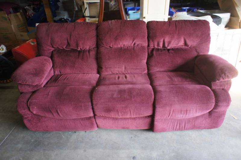 lot 24 image: Maroon Color Lazy-Boy - Couch - Dual Recliner Powered - 89 Wide X 36 Deep X 39 Tall - Has Power Supply - Tested Works - Nice Couch - Previously Owned