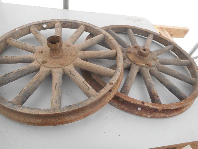 lot 1 image: 2 ANTIQUE STEEL WAGON WHEELS