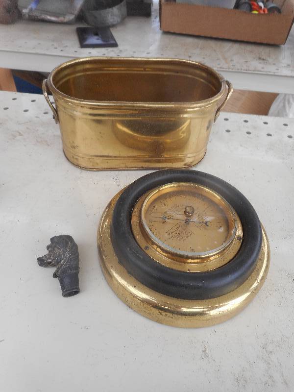 lot 152 image: ANTIQUE BRASS BARAMETER  DISH AND PERFUME TOPPER