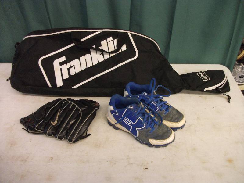 lot 52 image: Franklin Bat Bag, Nike Glove, Under Armor Cleats Size 3