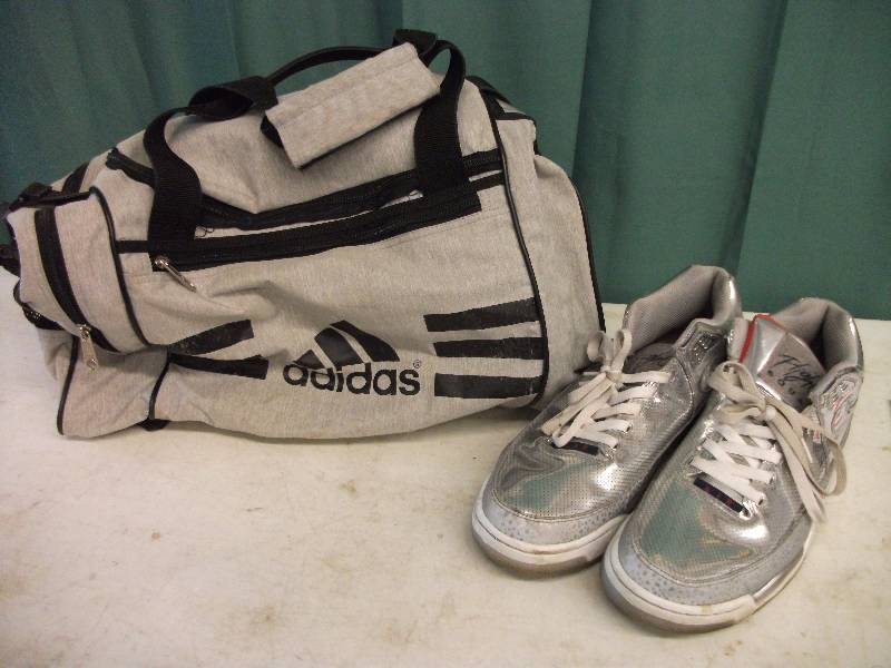 lot 53 image: Nike Flight Squad Silver Metallic Sneakers Size 10 12 & Adidas Gym Bag