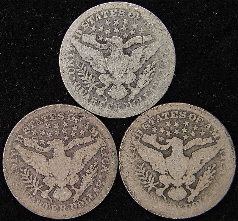 GROUP OF (3) BARBER SILVER QUARTERS 1902, 1908 & 1911 AG-VG