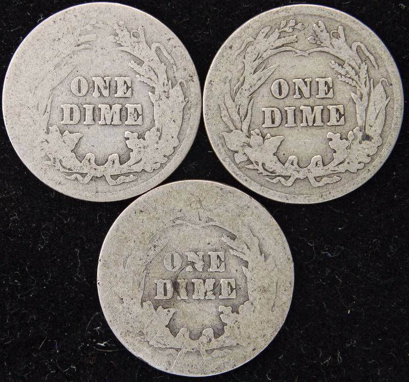 GROUP OF (3) BARBER SILVER DIMES 1902, 1905 & 1916