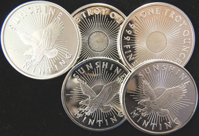GROUP OF 5 - 1 TROY OZ. .999 FINE SILVER ROUNDS SUNSHINE MINT
