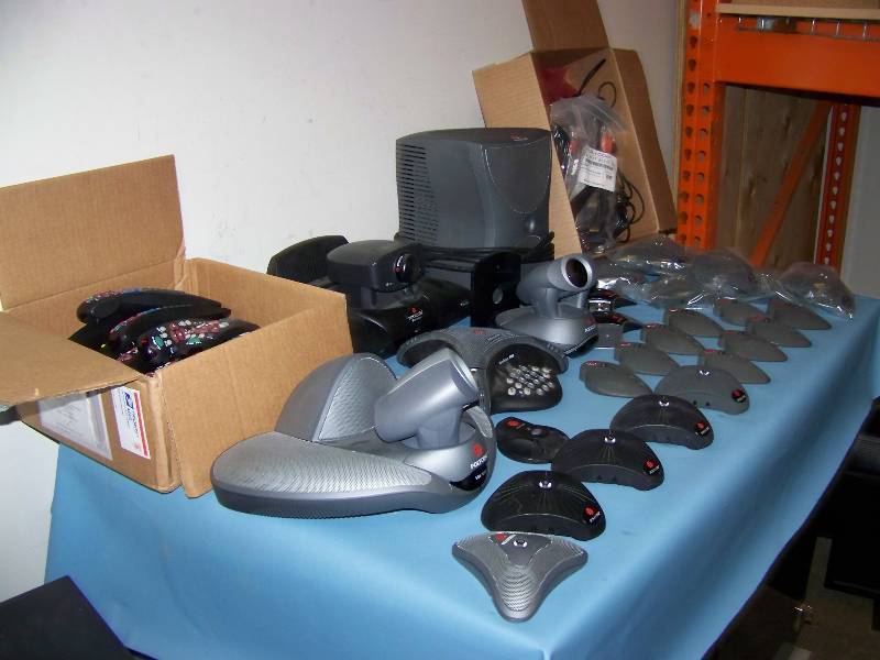 lot 87 image: LARGE LOT of Polycom, Teleconferencing  Video Conferencing Phone, Subwoofer, Cameras, Remote Controls, Mic Pods (Microphones) and Cables