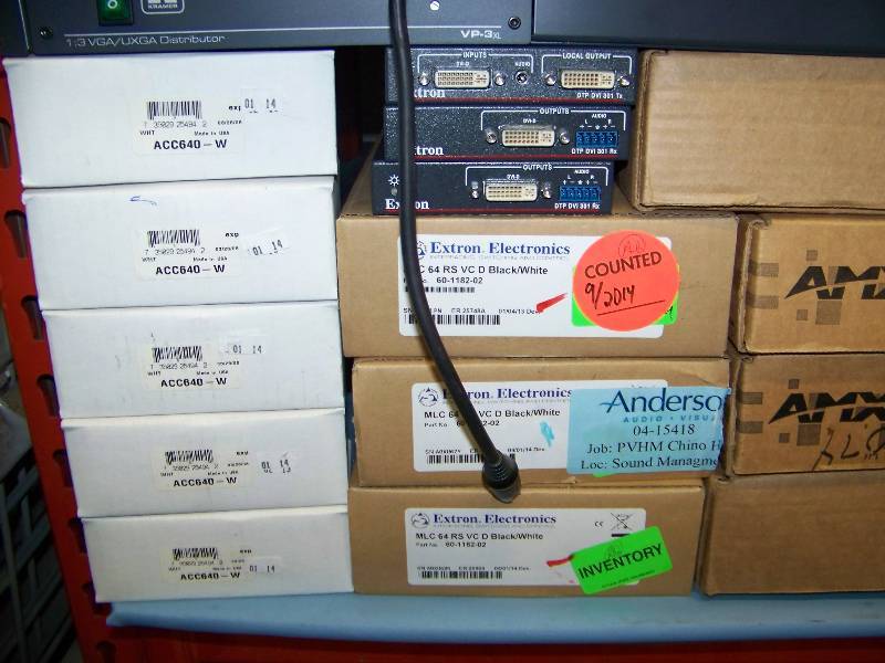lot 73 image: (8 wide shelf) LARGE LOT of Audio  Video (AV) items including Switchers  Cable  Computer Items  Controls  Receivers  Breakout Boxes  Mounts and more
