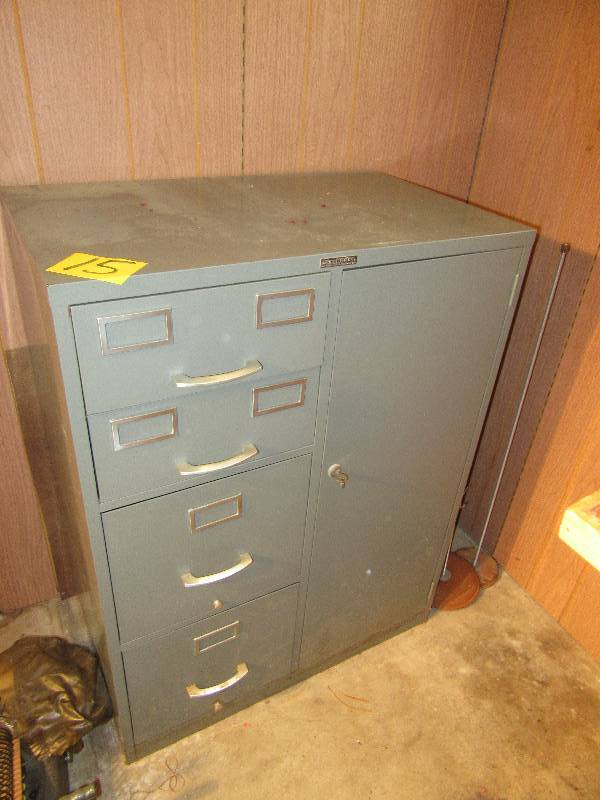 lot 15 image: 4 drawer and side storage cabinet.. Locks and has key