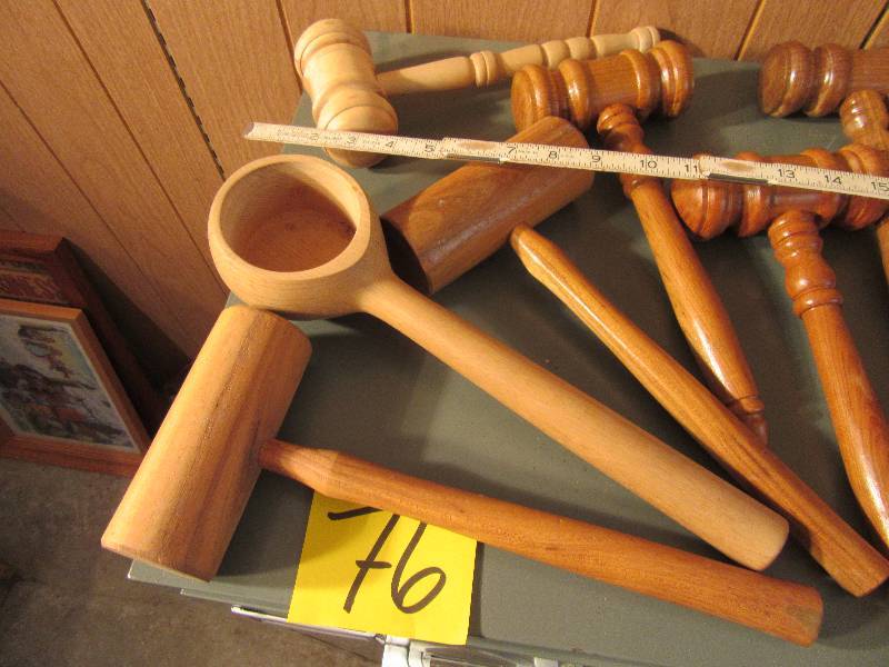 lot 76 image: Hand made wood tools.. Ladels, Hammers and others as shown.