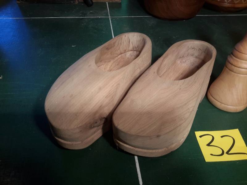 lot 32 image: Hand made Wooden Bell and wooden shoes