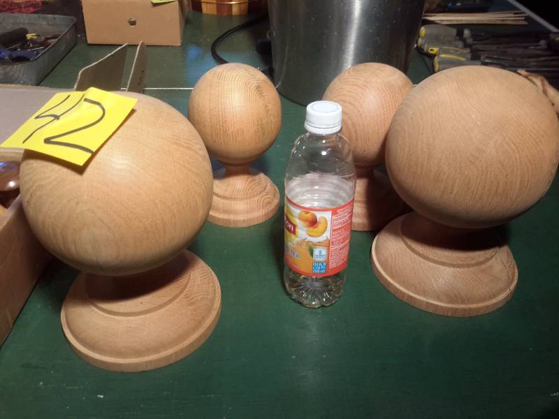 lot 42 image: 4 Round Finials.. Hand turned.. 2 approx 7 in h.. 2 approx 3 in tall.