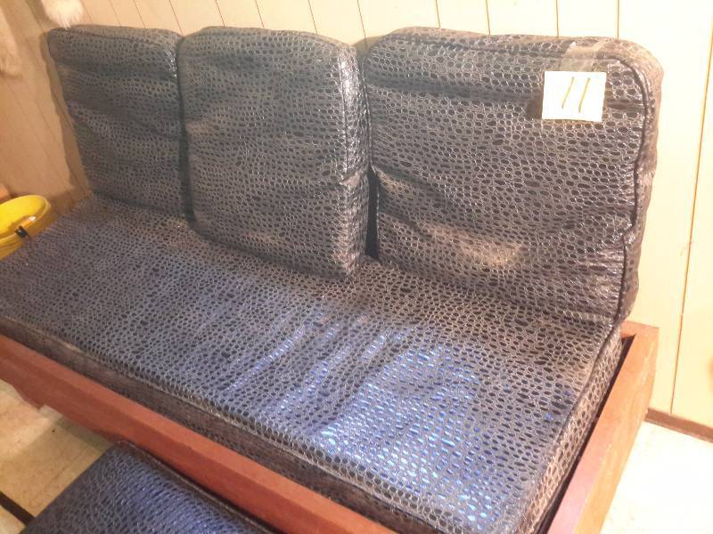 lot 11A image: Mid Century Naugahyde covered couch and matching ottoman  with wood frame
