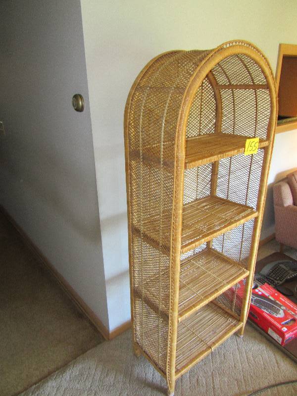 lot 155 image: Wicker type of display shelf.. Approx 24in x 13in x 64in h