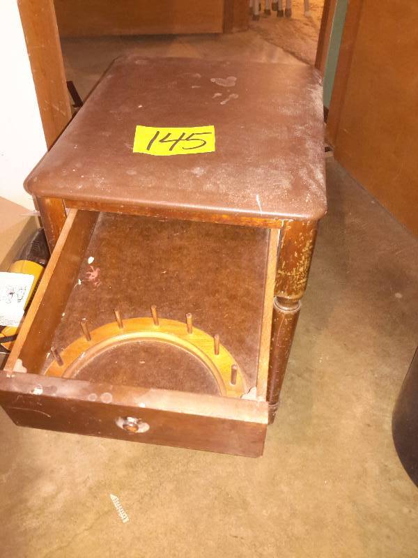 lot 145 image: Vintage Padded seat sewing cabinet with drawer