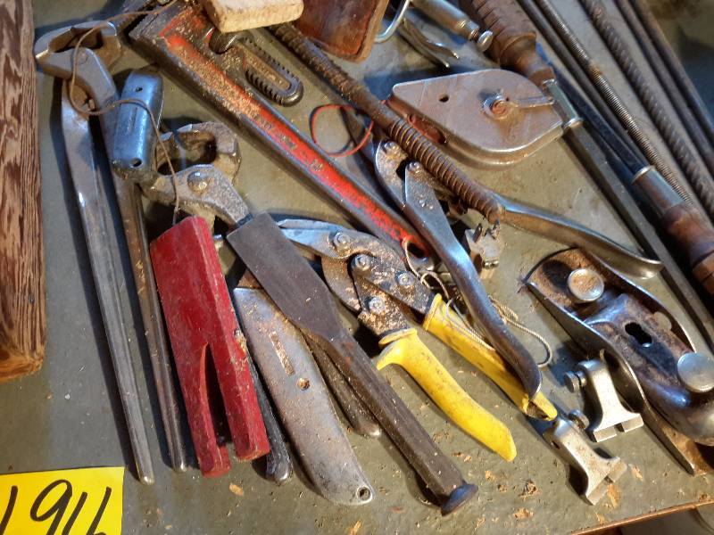 lot 194 image: Misc. tools as pictured.   Vintage wood box