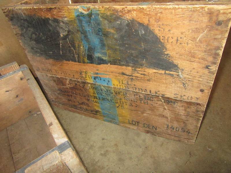 lot 213 image: Vintage wood boxes  some amunition boxes.  See closeups