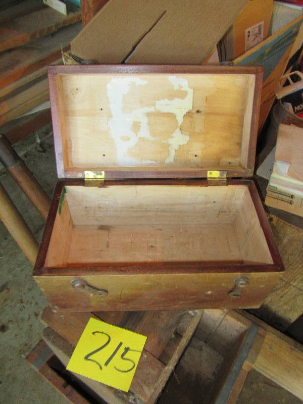 lot 215 image: Vintage wood boxes. Some amunition boxes