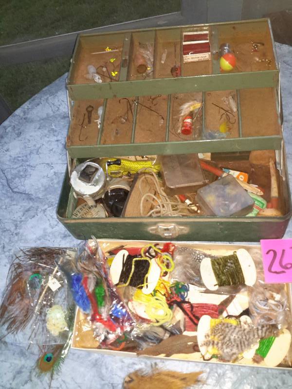 lot 304 image: Fishing Box and contents plus all kinds of feathers etc for tieing lures