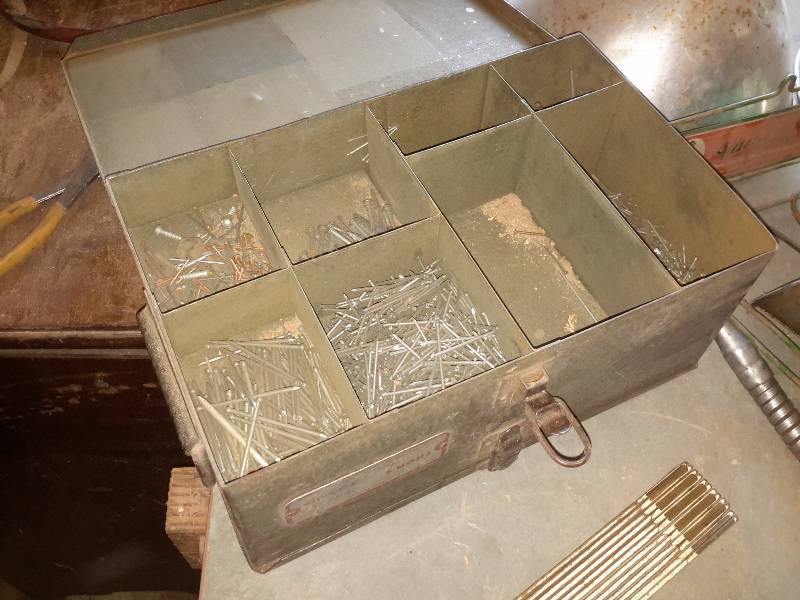 lot 225 image: Metal nail storage box (both sides) 3 funnels, Vintage Boot Rack, 2 aluminum lamp shades, power take off gear