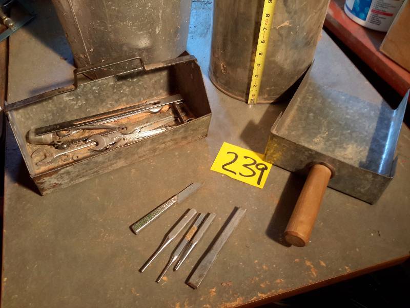 lot 239 image: Vintage Metal Waste Basket Stainless Steel Milk Pail, Galvanized  tool box and scoop.  4 punches and a paring knife made of a single piece of metal.