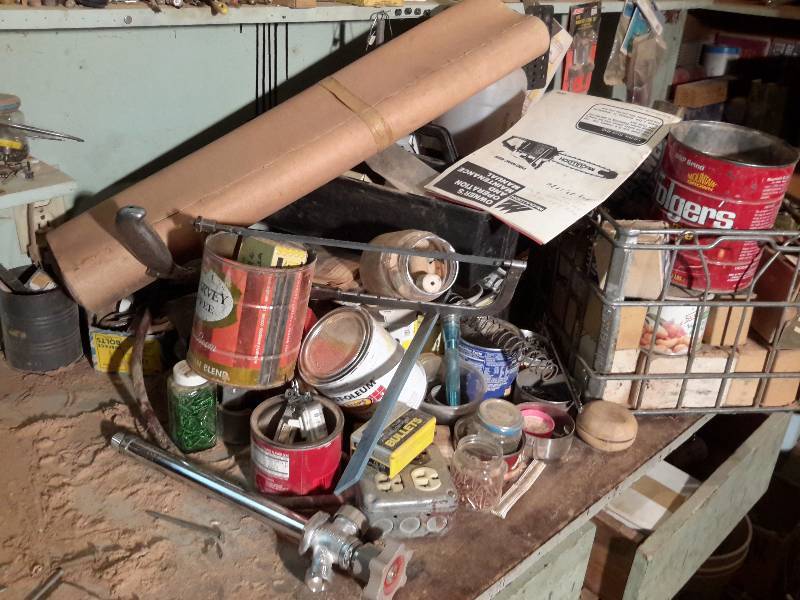 lot 245 image: HUGE LOT OF EVERYTHING ON THE SHELVES and Work Bench.. ON, UNDER.. Take it all..