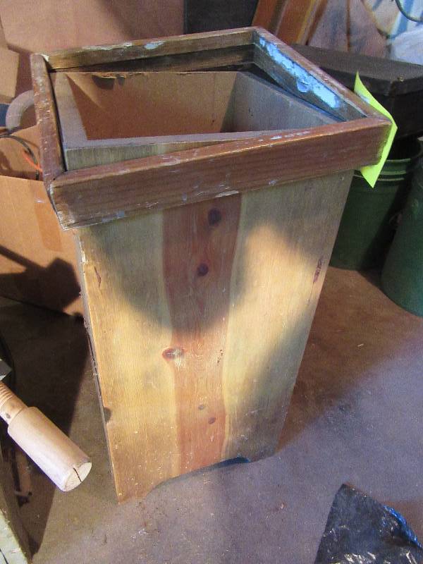 lot 261A image: Wood box type table with frame but no top.  Wood Ammo box  Wood Clamp, Magazine Rack