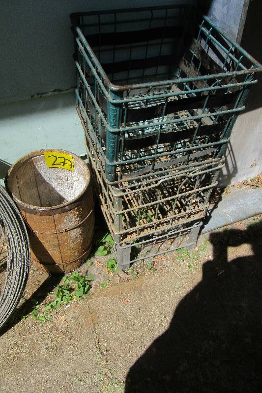 lot 277 image: 3 metal milk crates, wood staved small barrel  12 in x 17 in.