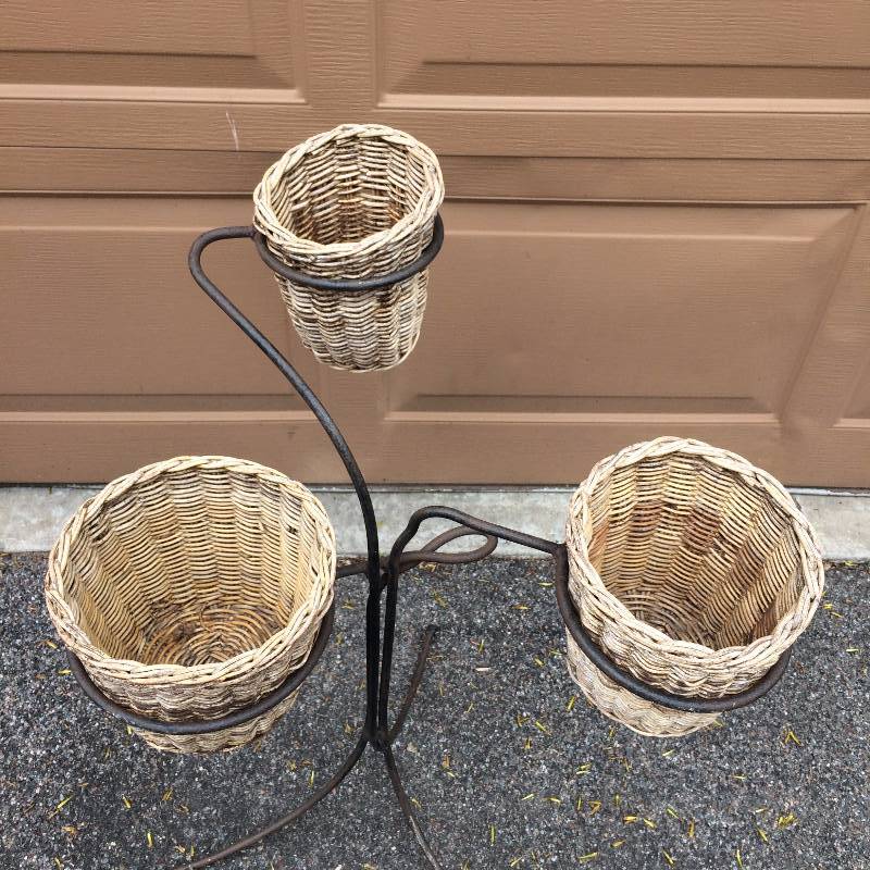 lot 50 image: ANTIQUE IRON & HAND WOVEN BASKET PLANTER PLANT STAND - SUPER CONDITION