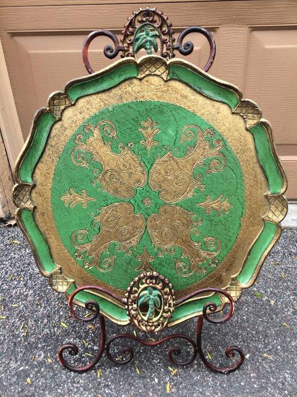 lot 45 image: Vintage Beautiful Italian Tole Hand Painted Tray Platter With Stand - Excellent Condition