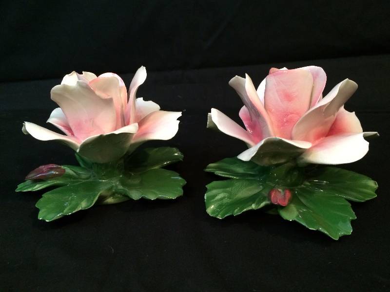 lot 52 image: 2 Nuova Capodimonte ROSE CANDLE HOLDERS GORGEOUS Bright Colors - Minor Crazing For Age Minimal Chipping See All The close up Detailed Pics 