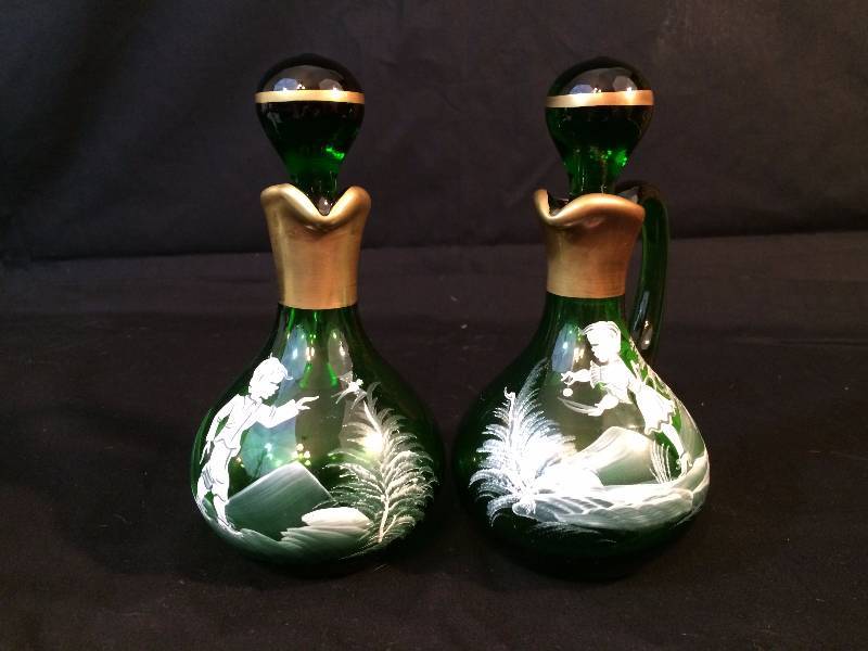 lot 53 image: Rare Pair Collectible Emerald Green Handle Mary Gregory Gold Glass Cruets Set Hansel & Gretel Antique Vintage With Stoppers - Excellent Condition