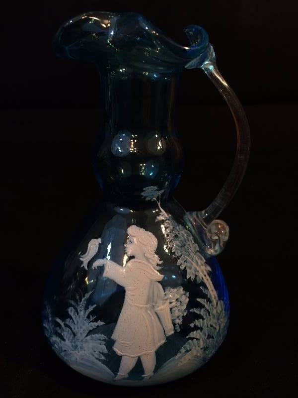 lot 54 image: Antique Vintage MARY GREGORY Blue Ruffle Pitcher Glass Handle Decanter Barber Tonic Bottle - Gorgeous Condition