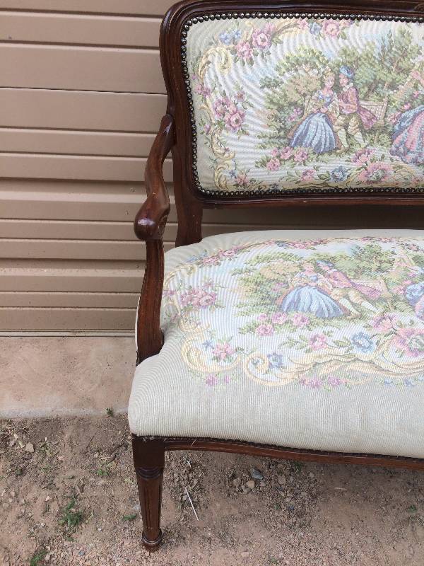 lot 46 image: Vintage Lovely Louis XV Rococo Style Parisian Victorian Courting Couple Parlor Settee Aubusson Sofa Carved Wood Frame & Brass Studded Upholstery Big Spring Cushion - Faint Stains That Probably Could Be Removed - Beautiful Detail Work On The Wood