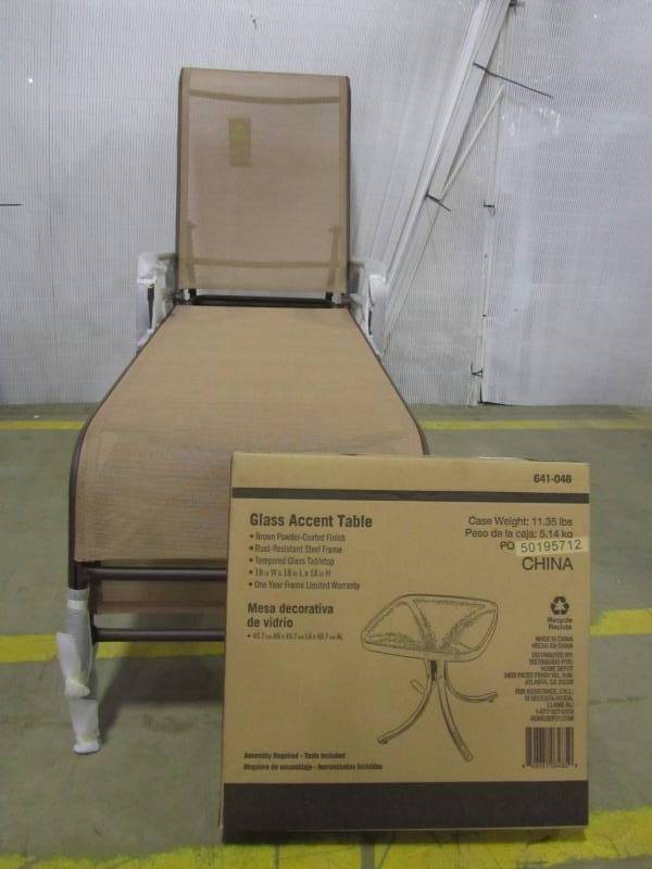 lot 63 image: (2) navona steel sling chaise lounge patio chairs. and Navona 18 glass table.
