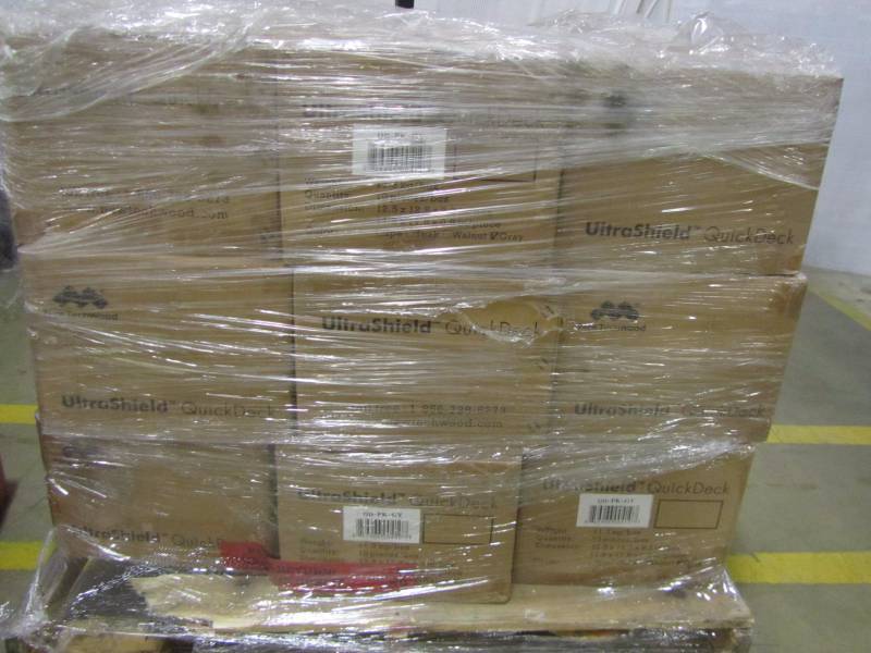 lot 102 image: 27 cases of NewTechWood Ultrashield 12 in. x 12 in. westminster gray composite outdoor quick deck