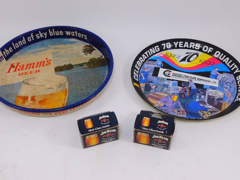 lot 32 image: (2) Vintage Serving Trays and (2) Jim Beam Shot Glasses