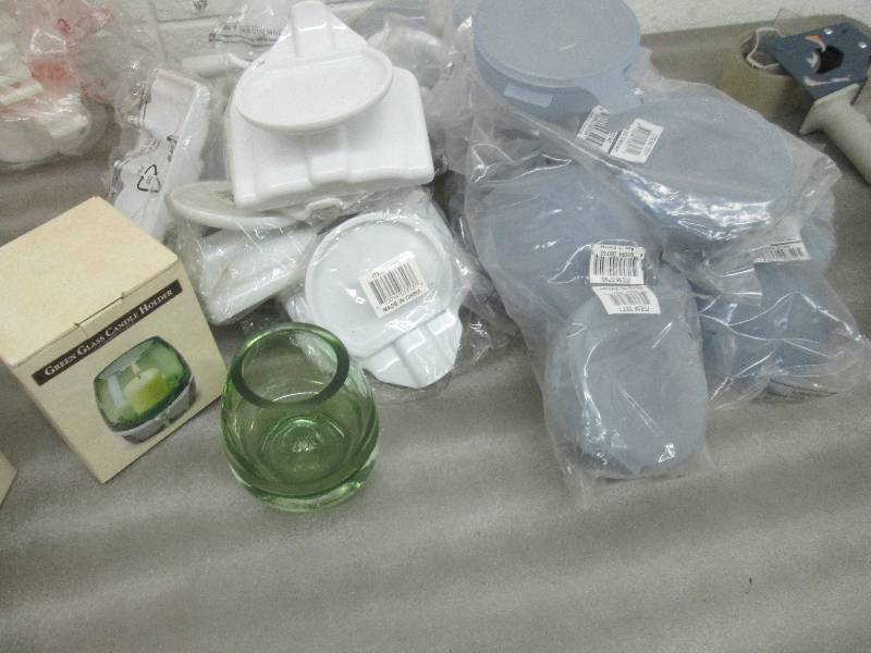 lot 62 image: 2 Green Glass Candle Holders, Plast...
