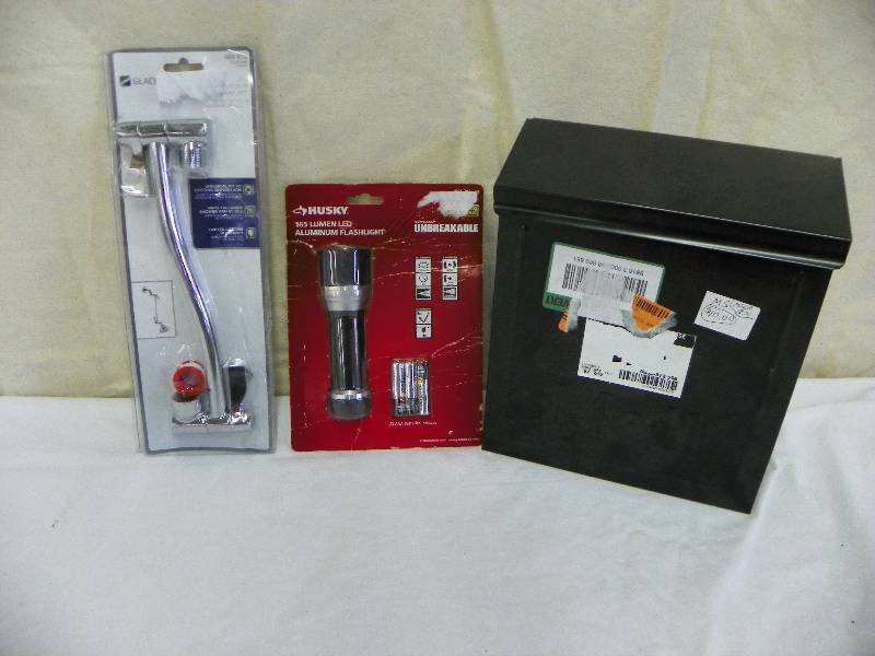 lot 193 image: HUSKY FLASHLIGHT, MAILBOX WITH KEY, SHOWER HEAD EXTENDER