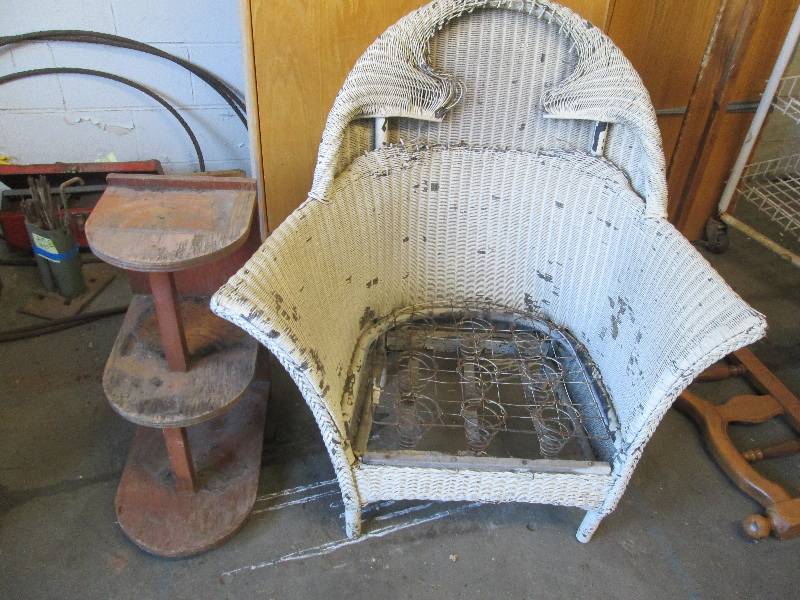 lot 85 image: Vintage Wicker Chair, Side Shelf Un...