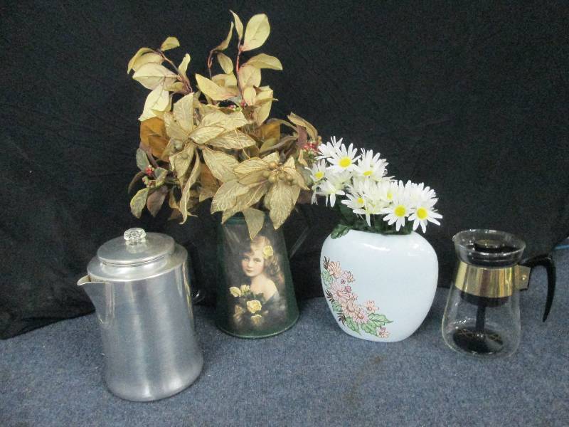 lot 32 image: Coffee Pots, Vase & Flowers...