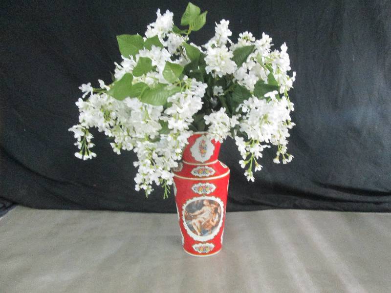 lot 38 image: Red Ornate 14 inch Vase with Flower...