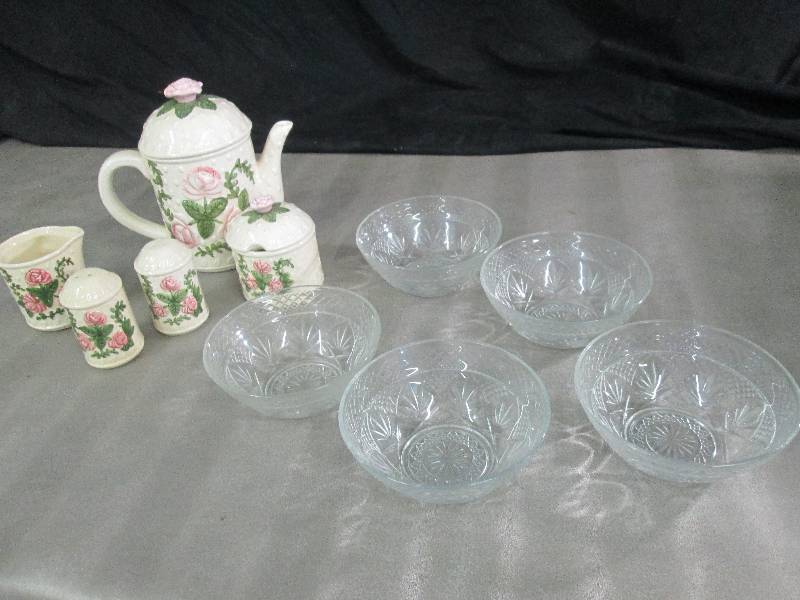 lot 50 image: Rose Kitchen Set, 5 Cut Glass Bowls...