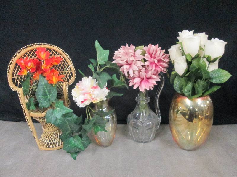 lot 54 image: 3 Assorted Vases with Flowers, Wick...