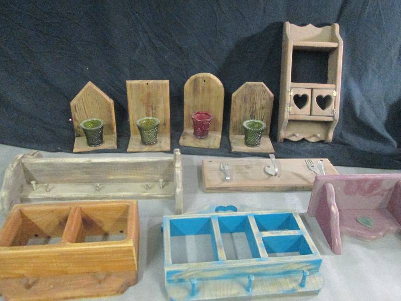 lot 58 image: Wall Sconces, Assorted Wood Shelf D...