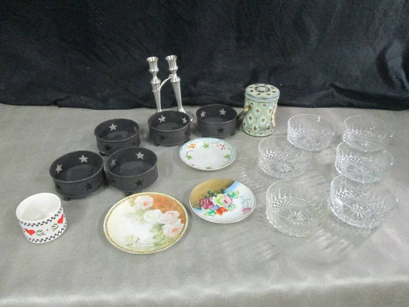 lot 63 image: 6 Cutglass 5 inch Bowls, 5 Metal Ca...