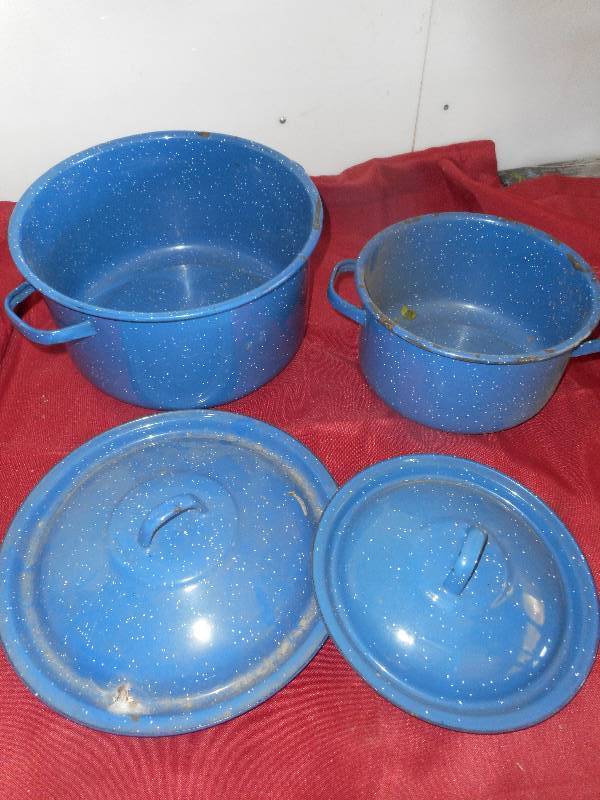 3 VINTAGE BLUE ENAMEL COOKERS