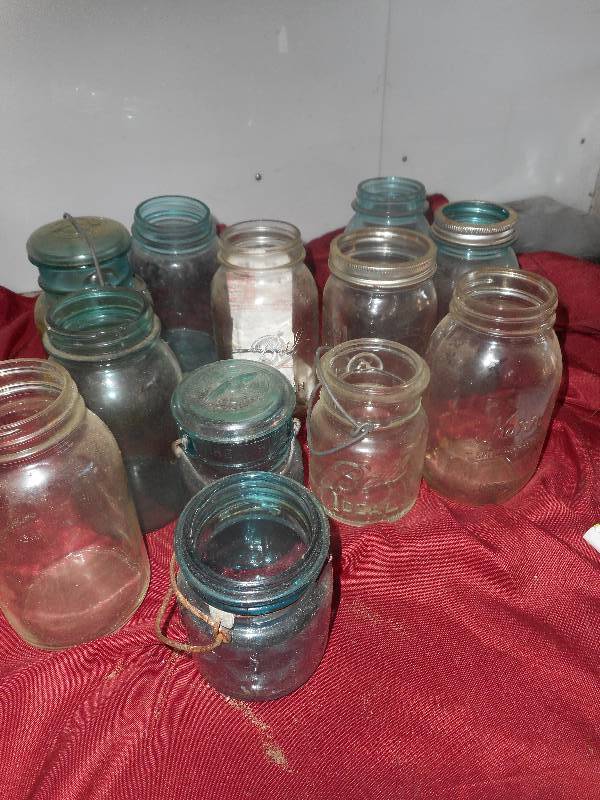 VINTAGE GREEN AND CLEAR JARS