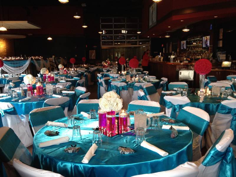 Teal Table Covers & Teal Sash Decorations