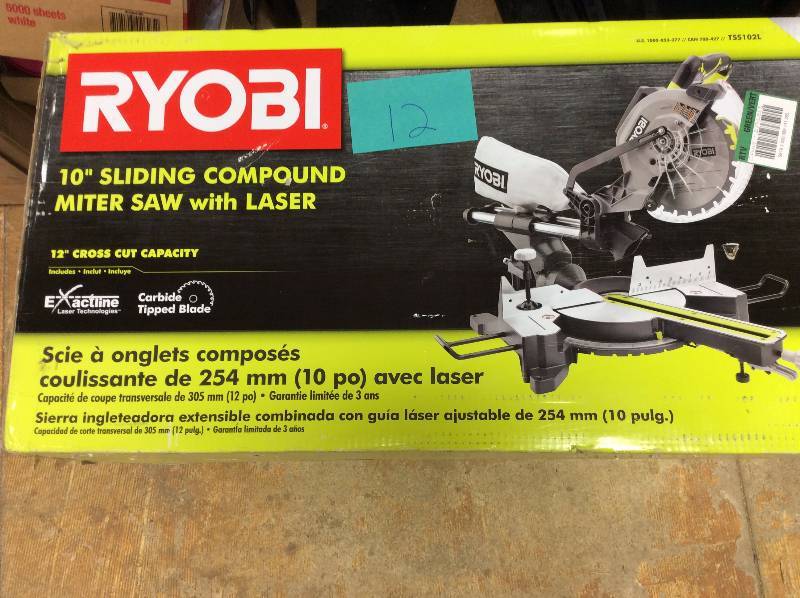 lot 12 image: Ryobi 15-Amp 10 in. Sliding Miter Saw with Laser-TSS102L in like New working conditions